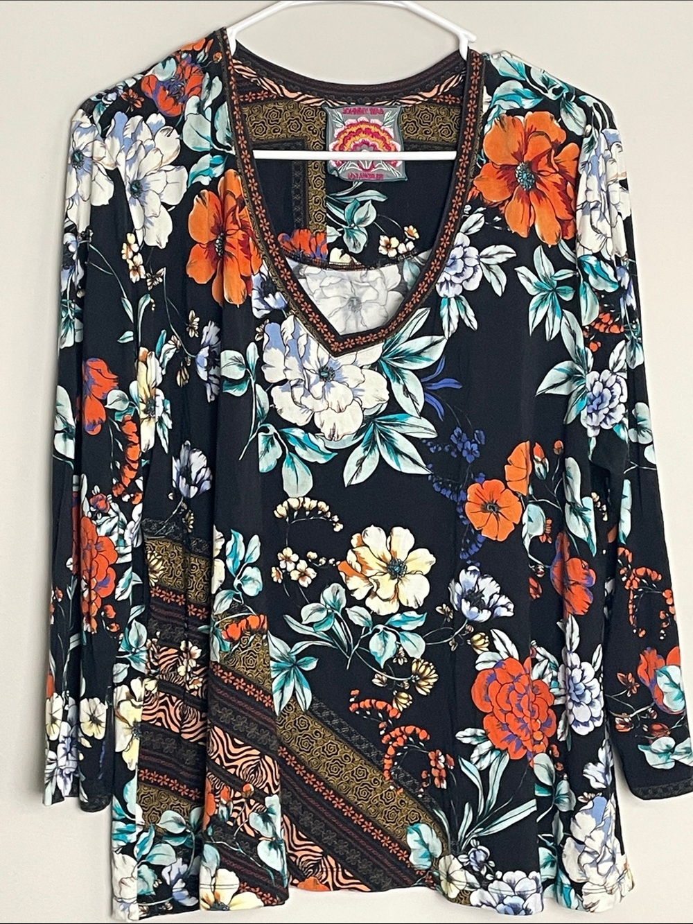 Johnny Was Black Floral V-Neck Blouse with Teal and Orange Accents - Picture 7 of 14